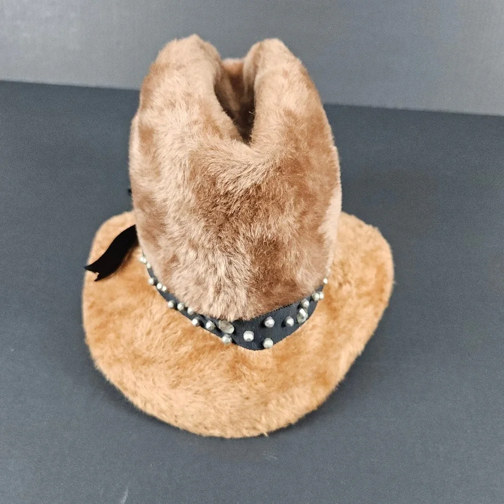 Vintage Lee Bury Dallas Musketeer Faux Fur Pillbox Hat Brown Studded Bow Size 22